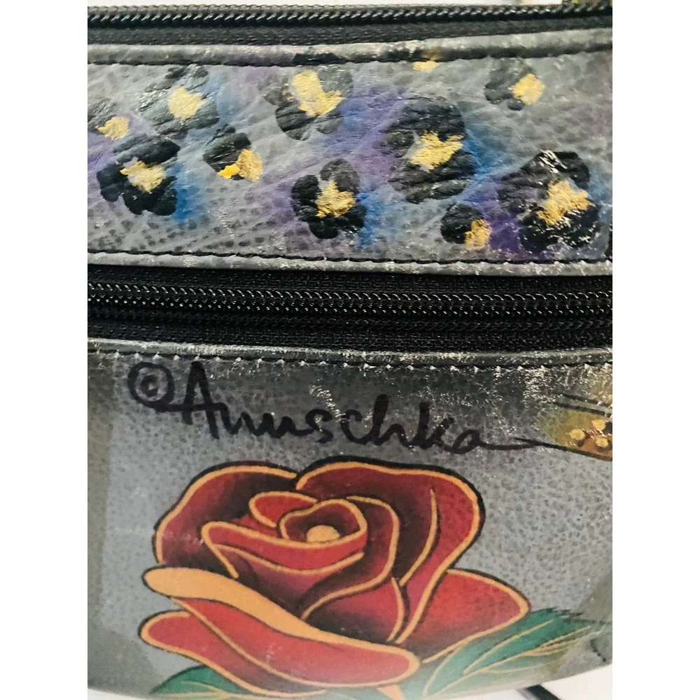 Anuschka‎ Hand Painted Leather Crossbody Bag Rose Butterfly Leopard Print Gray